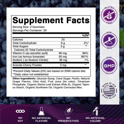Vitamatic Iron 65 mg Gummies – Vegan Iron Gummies for Women & Men, 60 Gummies