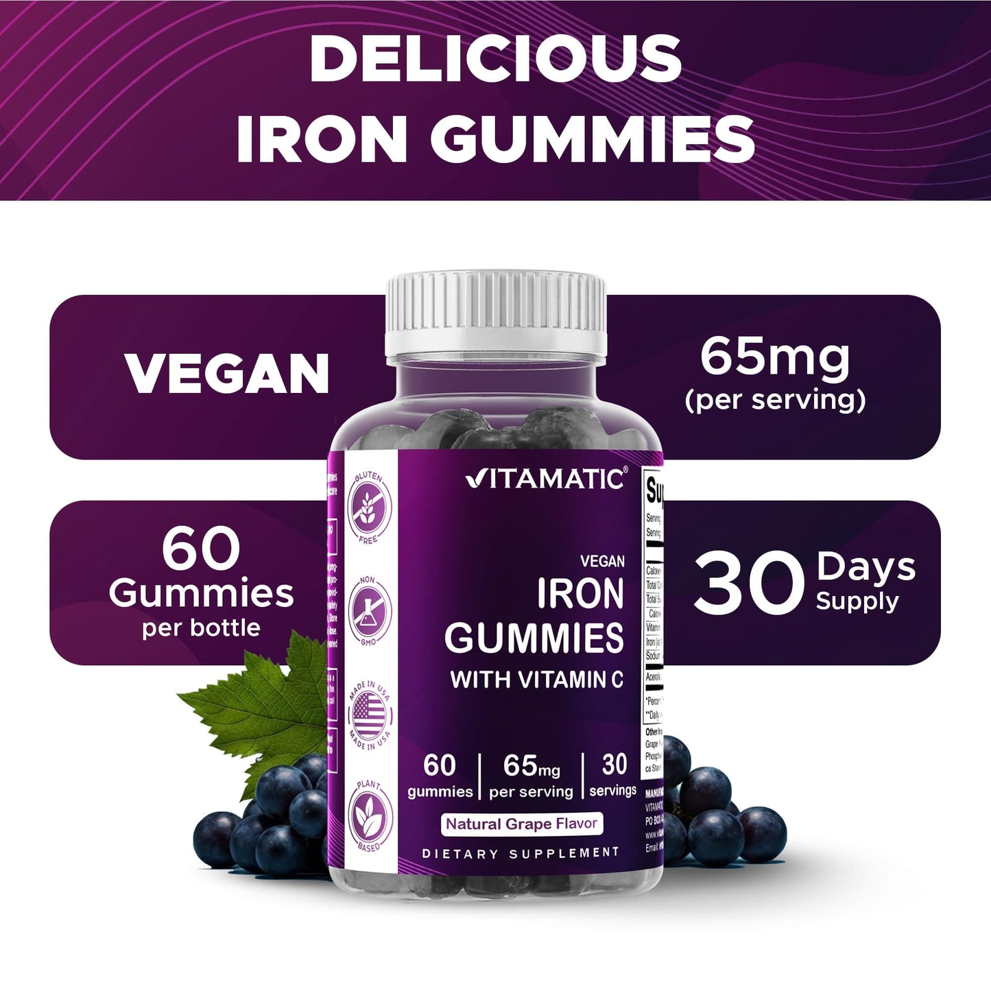 Vitamatic Iron 65 mg Gummies – Vegan Iron Gummies for Women & Men, 60 Gummies