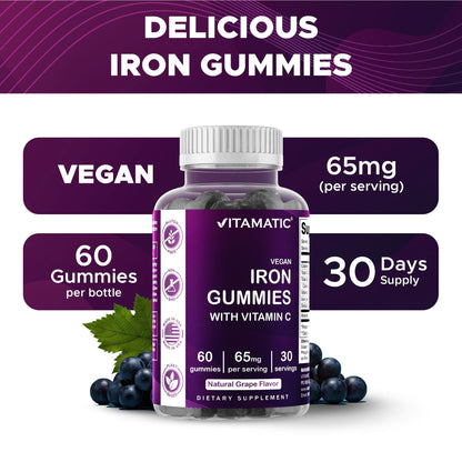 Vitamatic Iron 65 mg Gummies – Vegan Iron Gummies for Women & Men, 60 Gummies