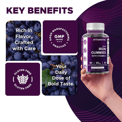 Vitamatic Iron 65 mg Gummies – Vegan Iron Gummies for Women & Men, 60 Gummies
