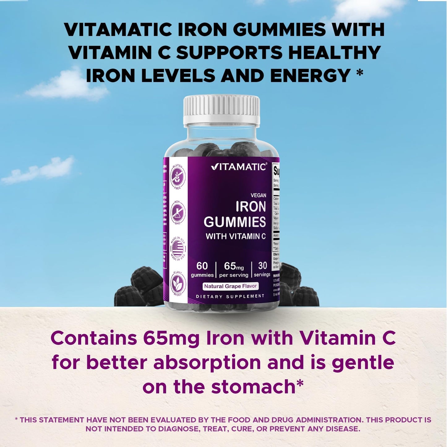 Vitamatic Iron 65 mg Gummies – Vegan Iron Gummies for Women & Men, 60 Gummies