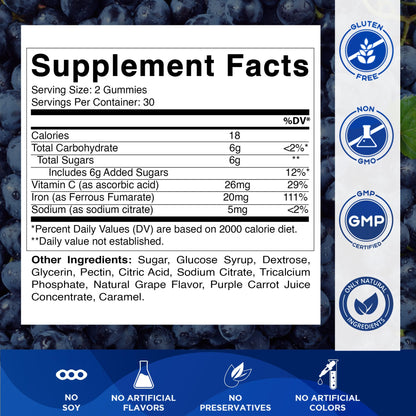 Vitamatic Iron Gummies - 20mg Iron + Vitamin C | 60 Vegan Gummies