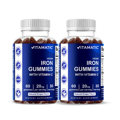 Vitamatic Iron Gummies – 20mg Iron + Vitamin C, Vegan Gummies, 60 Count (Pack of 2)