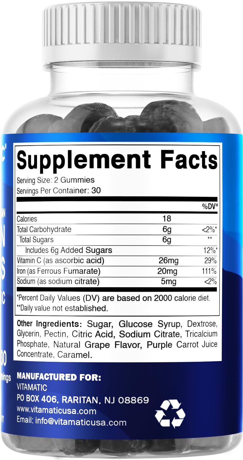 Vitamatic Iron Gummies – 20mg Iron + Vitamin C, Vegan Gummies, 60 Count (Pack of 2)
