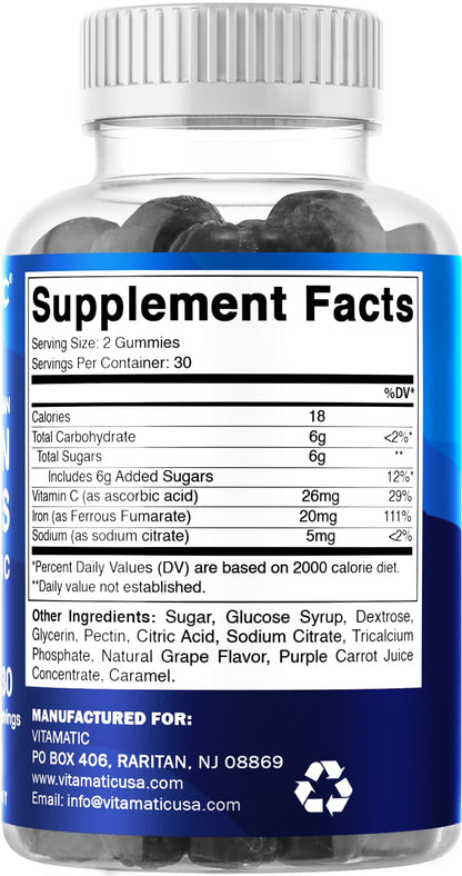 Vitamatic Iron Gummies – 20mg Iron + Vitamin C, Vegan Gummies, 60 Count (Pack of 2)