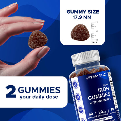 Vitamatic Iron Gummies – 20mg Iron + Vitamin C, Vegan Gummies, 60 Count (Pack of 2)