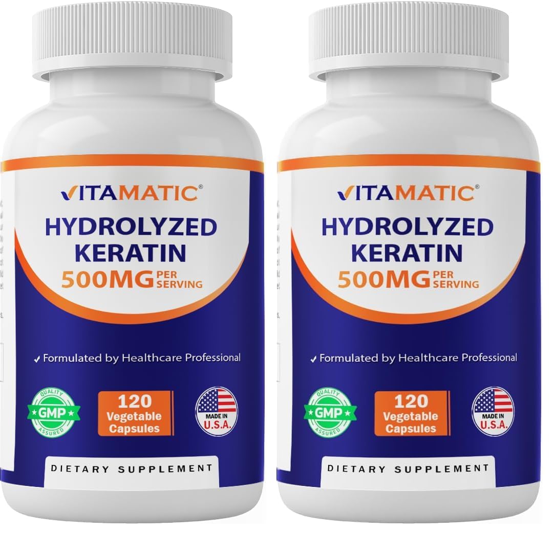 Vitamatic Hydrolyzed Keratin 500mg – 240 Vegetarian Capsules (Pack of 2) | Hair Skin Nails Support