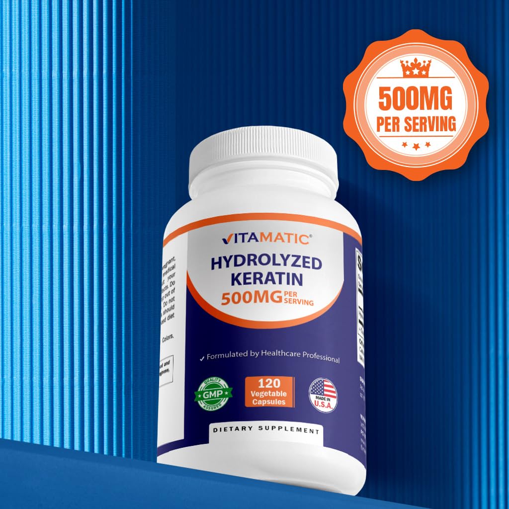 Vitamatic Hydrolyzed Keratin 500mg – 240 Vegetarian Capsules (Pack of 2) | Hair Skin Nails Support
