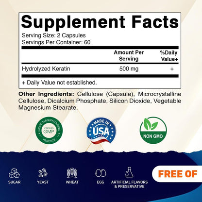 Vitamatic Hydrolyzed Keratin 500mg – 120 Vegetarian Capsules for Healthy Hair, Skin & Nails (Adults)