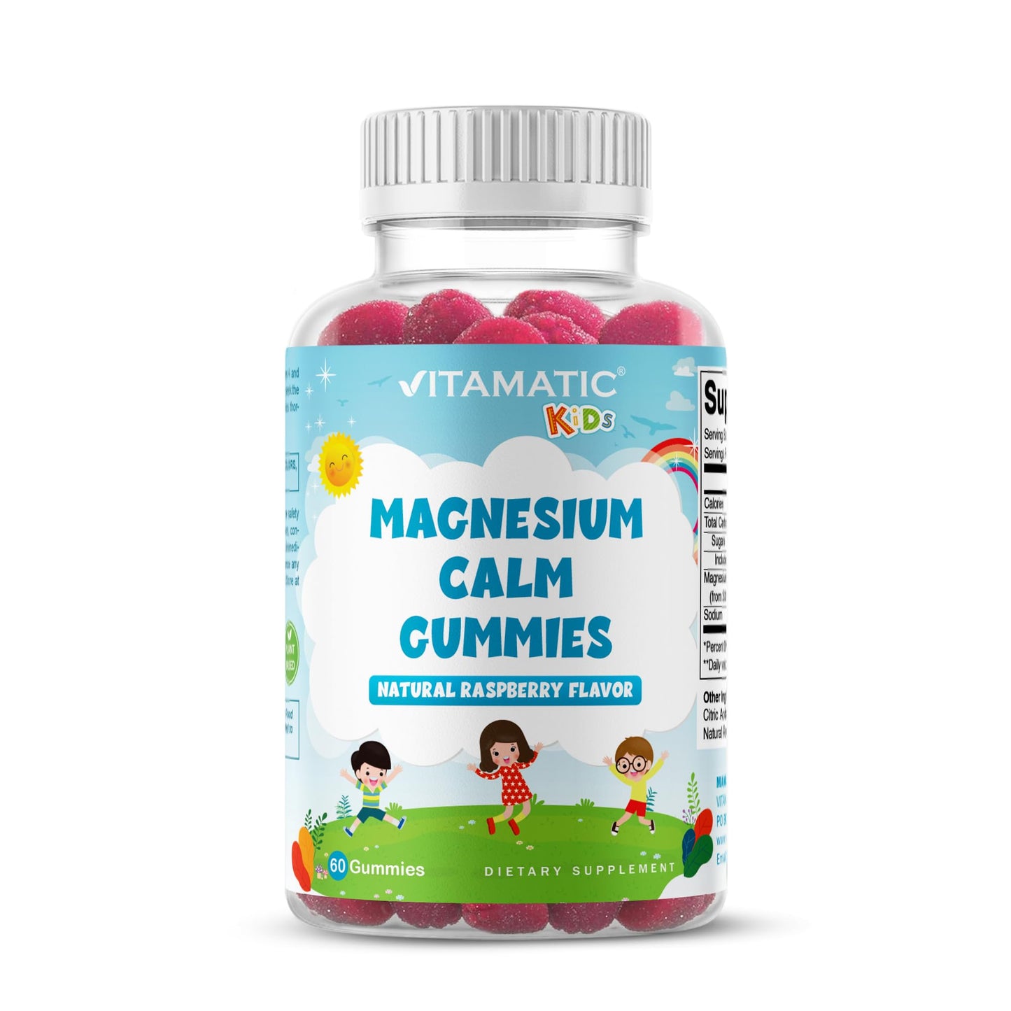 Vitamatic Kids Magnesium Calm Gummies - 60-Count Vegan, Raspberry Flavor | Muscle, Bone & Energy Support