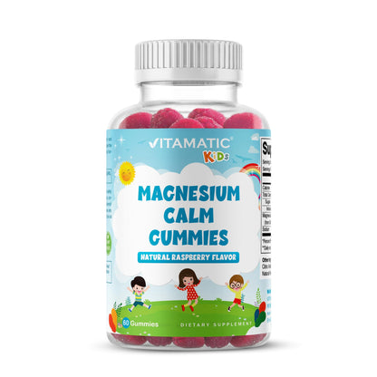 Vitamatic Kids Magnesium Calm Gummies - 60-Count Vegan, Raspberry Flavor | Muscle, Bone & Energy Support