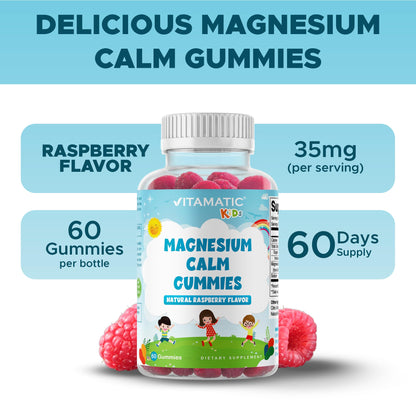 Vitamatic Kids Magnesium Calm Gummies - 60-Count Vegan, Raspberry Flavor | Muscle, Bone & Energy Support
