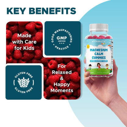 Vitamatic Kids Magnesium Calm Gummies - 60-Count Vegan, Raspberry Flavor | Muscle, Bone & Energy Support