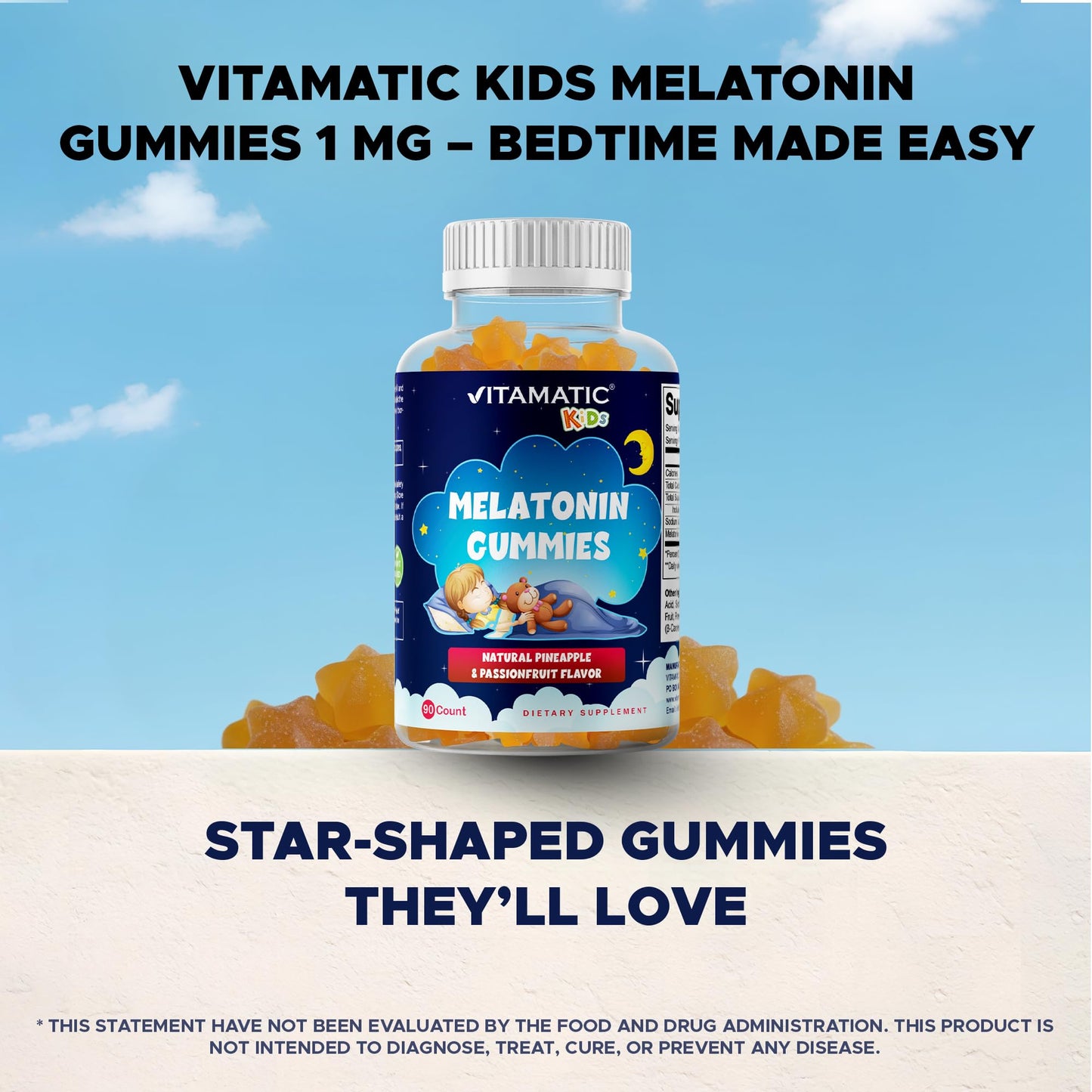 Vitamatic Sugar Free Kids Melatonin 1mg Gummies – Pineapple & Passionfruit, 90 Gummies (90 Days Supply)