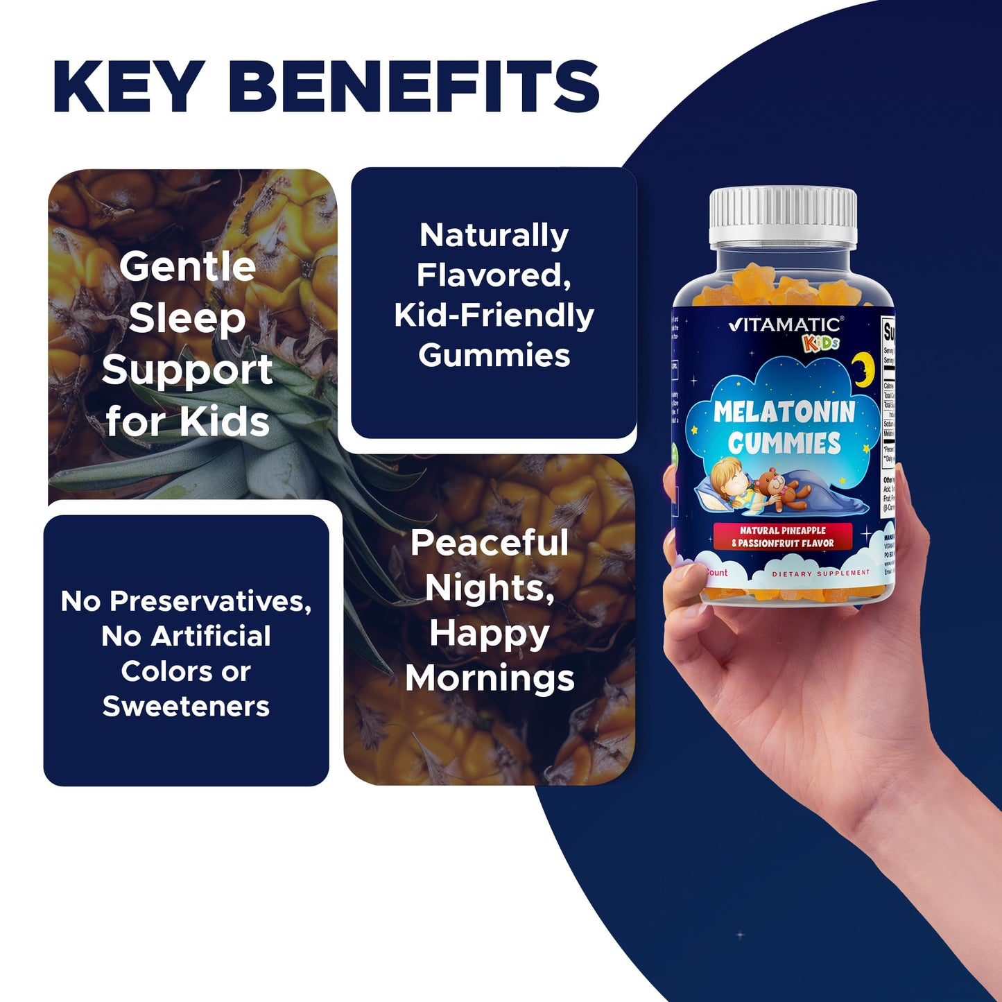 Vitamatic Sugar Free Kids Melatonin 1mg Gummies – Pineapple & Passionfruit, 90 Gummies (90 Days Supply)