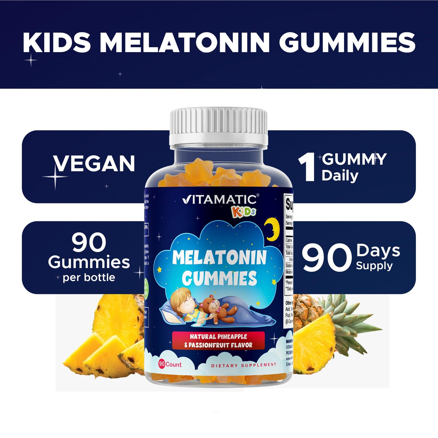 Vitamatic Sugar Free Kids Melatonin 1mg Gummies – Pineapple & Passionfruit, 90 Gummies (90 Days Supply)