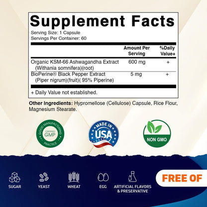 Vitamatic KSM-66 Ashwagandha 600mg + BioPerine – 60 Veggie Caps (1200 mg/2 caps)