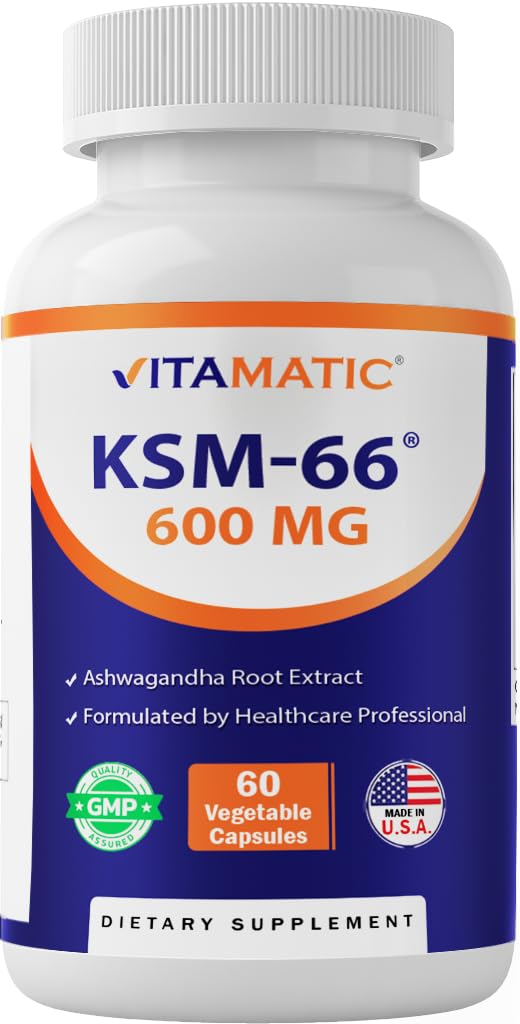 Vitamatic KSM-66 Ashwagandha 600mg + BioPerine – 60 Veggie Caps (1200 mg/2 caps)