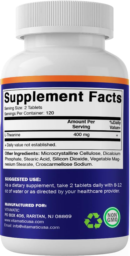 Vitamatic L-Theanine 400mg - 240 Tablets - Non-GMO & Gluten Free - 2 Pack