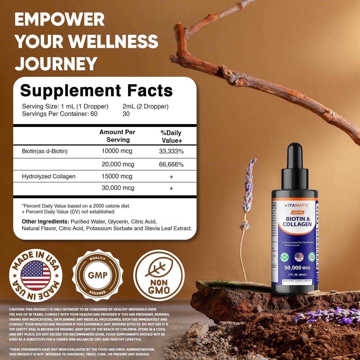 Vitamatic Liquid Biotin & Collagen Drops – 50,000 mcg, 2 oz – Hair, Skin & Nails