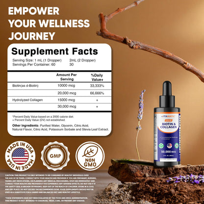 Vitamatic Liquid Biotin & Collagen Drops – 50,000 mcg, 2 oz – Hair, Skin & Nails