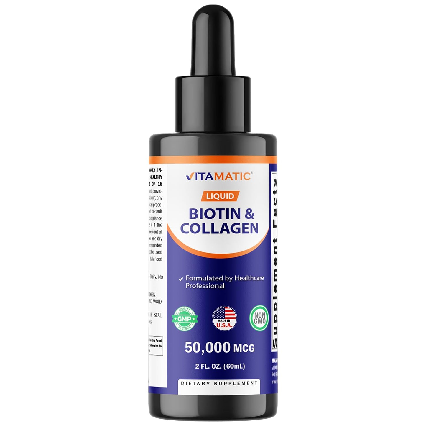 Vitamatic Liquid Biotin & Collagen Drops – 50,000 mcg, 2 oz – Hair, Skin & Nails