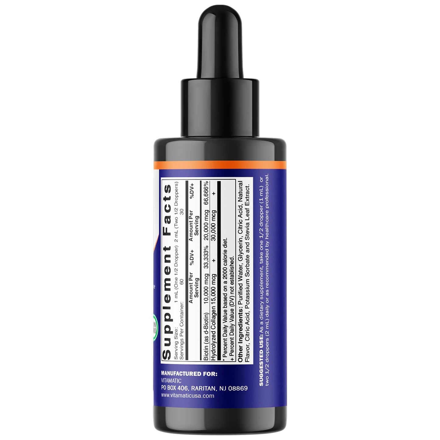 Vitamatic Liquid Biotin & Collagen Drops – 50,000 mcg, 2 oz – Hair, Skin & Nails