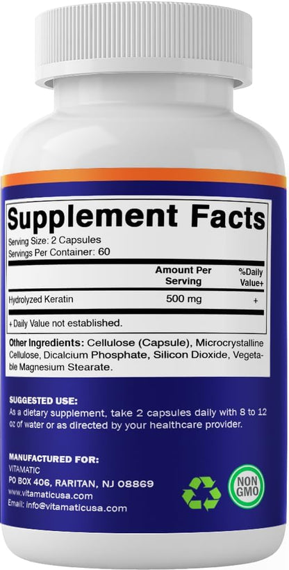 Vitamatic Hydrolyzed Keratin 500mg – 120 Vegetarian Capsules for Healthy Hair, Skin & Nails (Adults)