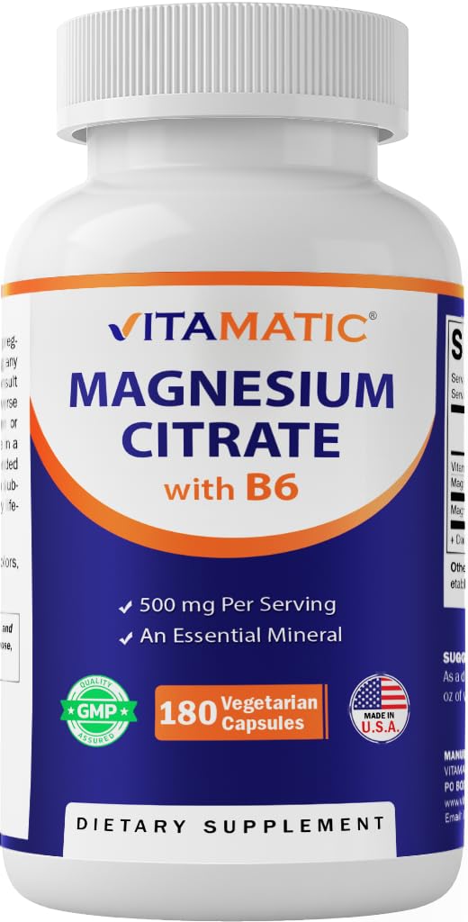 Vitamatic Magnesium Citrate 500mg per Serving - 180 Vegetarian Capsules - 150 mg Elemental Magnesium + B6 for Maximum Absorption - Supports Muscle, Joint, and Heart Health*