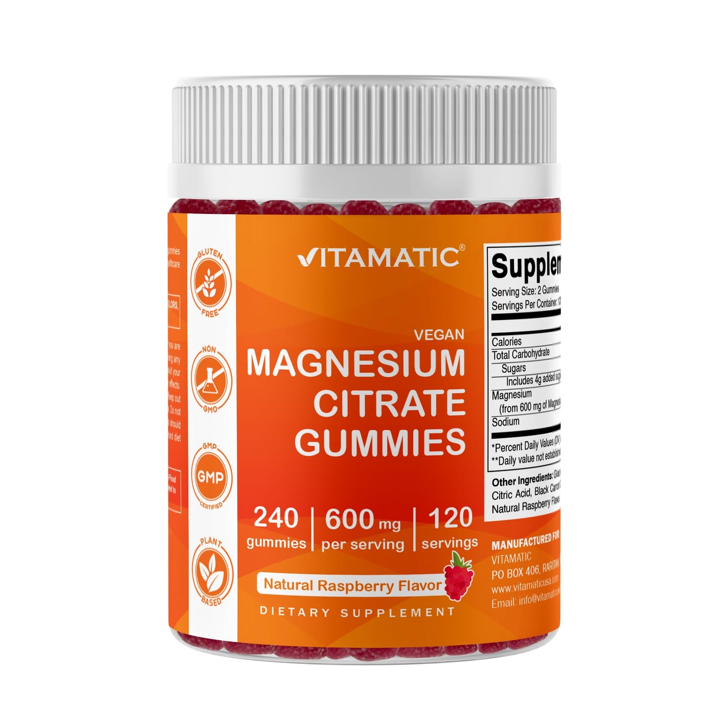 Vitamatic Magnesium Citrate Gummies 600mg per Serving | 240 Vegan Gummies | Raspberry Flavor