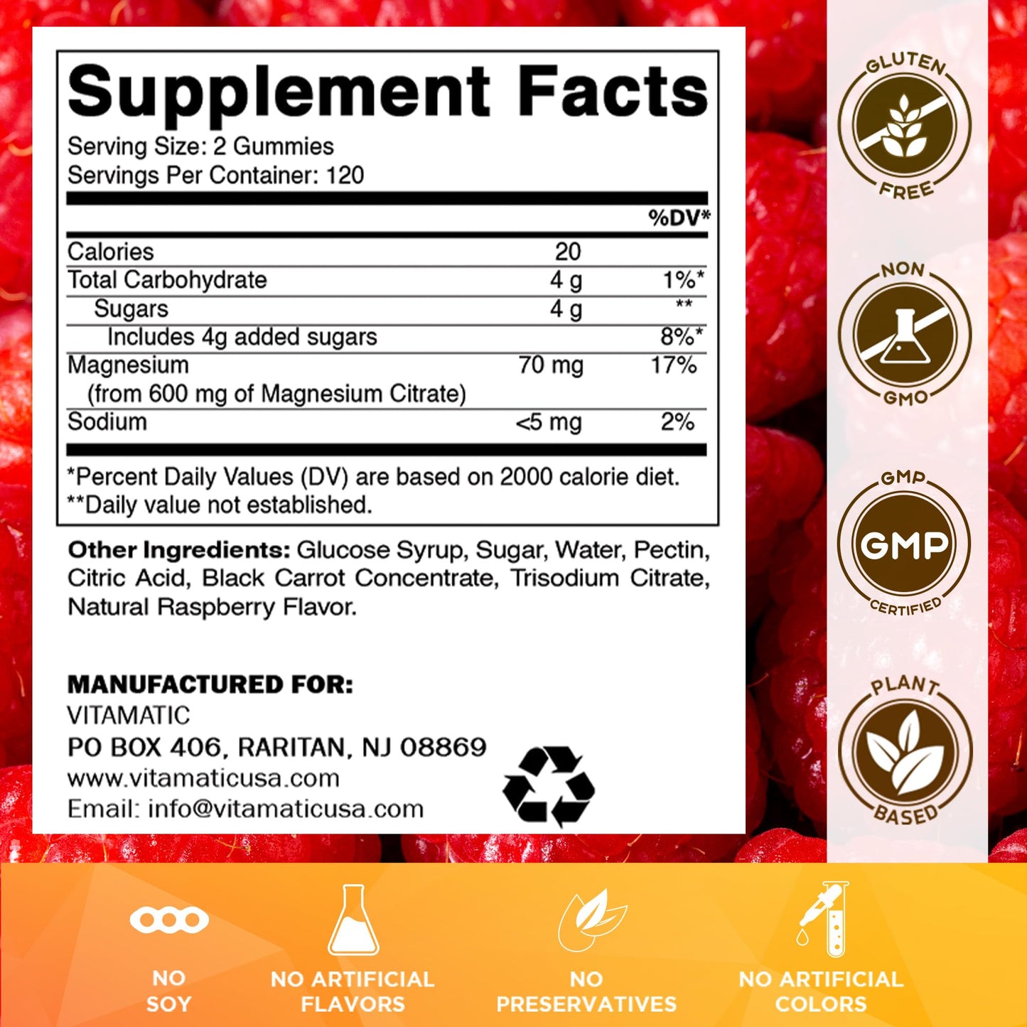 Vitamatic Magnesium Citrate Gummies 600mg per Serving | 240 Vegan Gummies | Raspberry Flavor