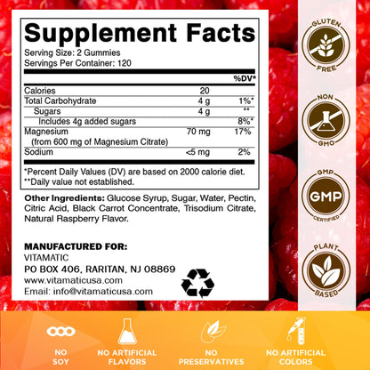 Vitamatic Magnesium Citrate Gummies 600mg per Serving | 240 Vegan Gummies | Raspberry Flavor