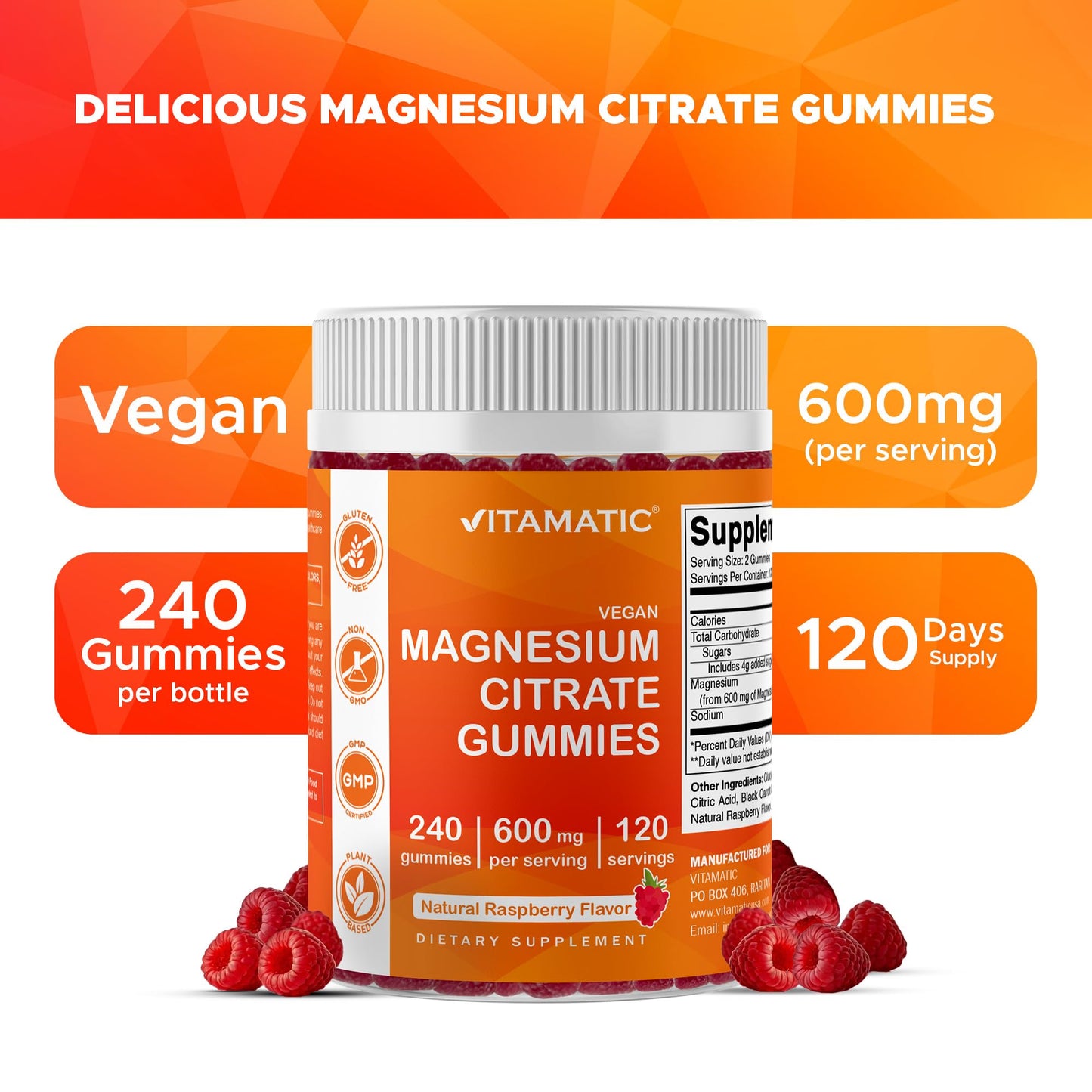 Vitamatic Magnesium Citrate Gummies 600mg per Serving | 240 Vegan Gummies | Raspberry Flavor