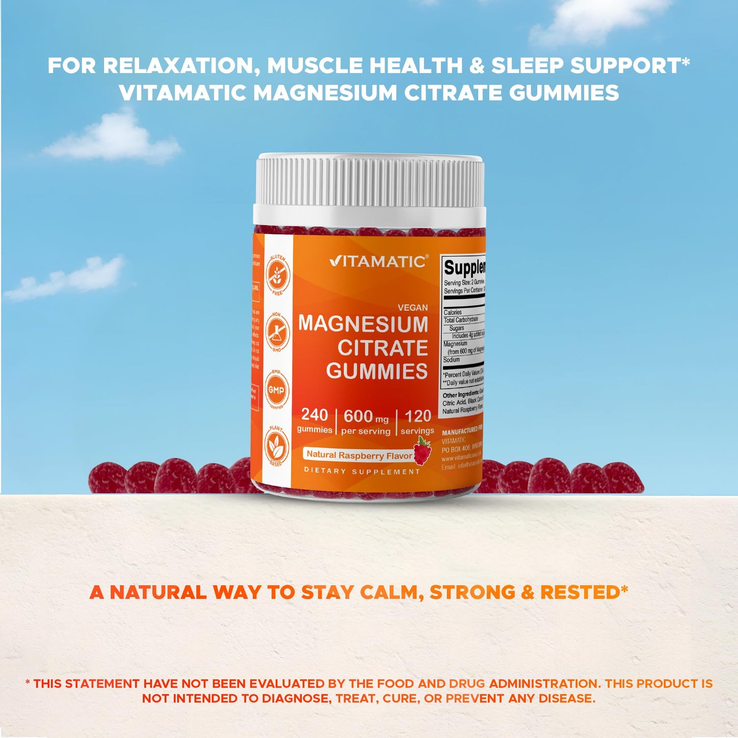 Vitamatic Magnesium Citrate Gummies 600mg per Serving | 240 Vegan Gummies | Raspberry Flavor