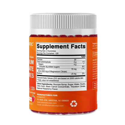 Vitamatic Magnesium Citrate Gummies 600mg per Serving | 240 Vegan Gummies | Raspberry Flavor