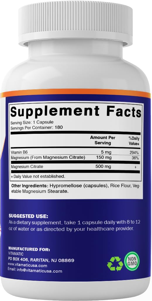 Vitamatic Magnesium Citrate 500mg per Serving - 180 Vegetarian Capsules - 150 mg Elemental Magnesium + B6 for Maximum Absorption - Supports Muscle, Joint, and Heart Health*