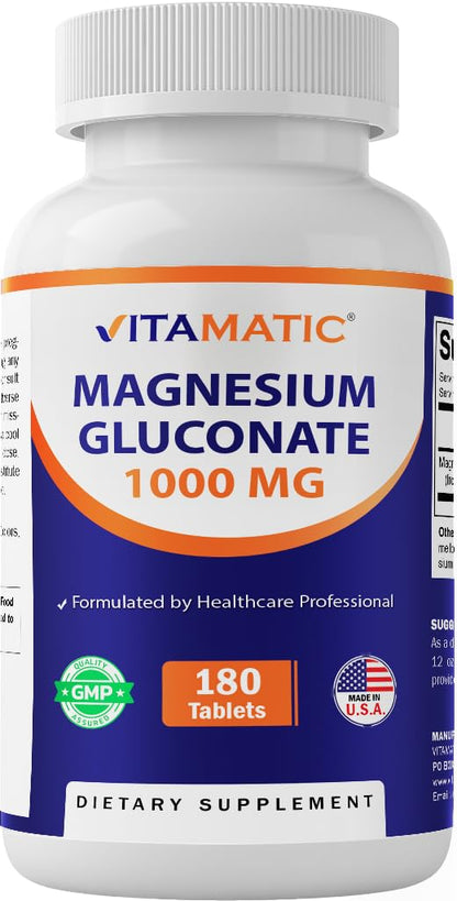 Vitamatic Magnesium Gluconate 1000 mg - 180 Vegetarian Tablets (Uncoated) - Supports Muscle, Nerve, and Heart Health*