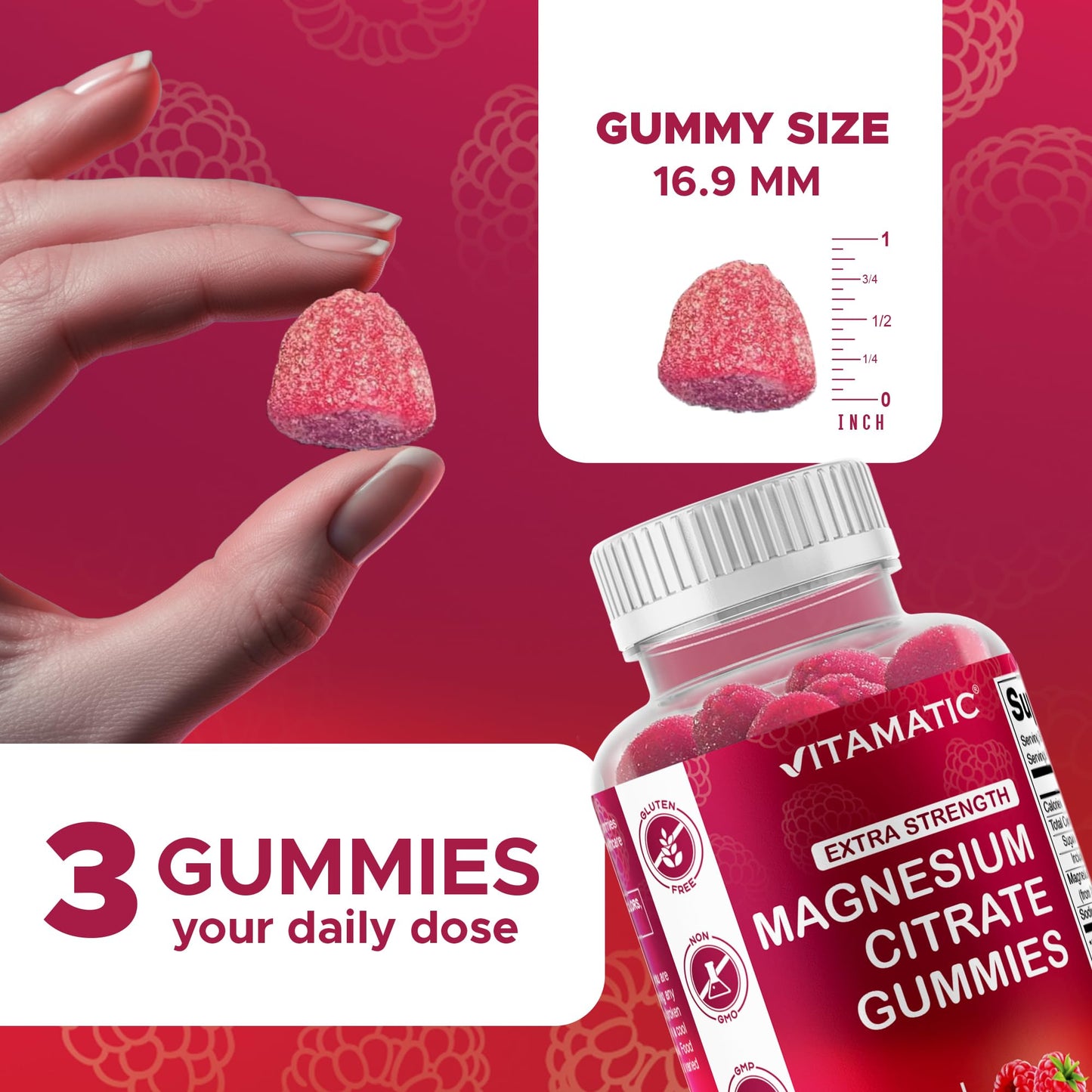 Vitamatic Magnesium Gummies – 255 mg Elemental Mg, 60 Vegan Gummies