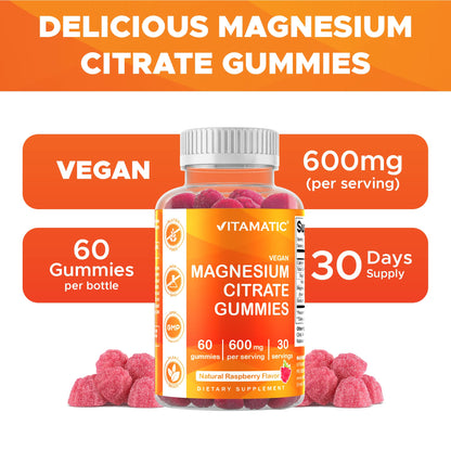 Vitamatic Magnesium Gummies 600mg – 60 Vegan Count for Relaxation, Muscle, Bone & Energy