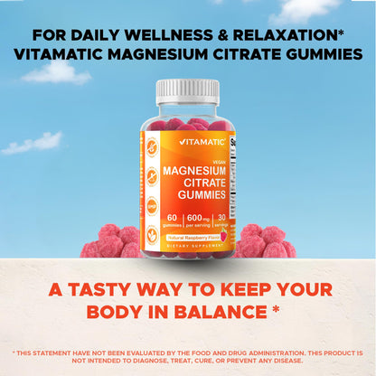 Vitamatic Magnesium Gummies 600mg – 60 Vegan Count for Relaxation, Muscle, Bone & Energy