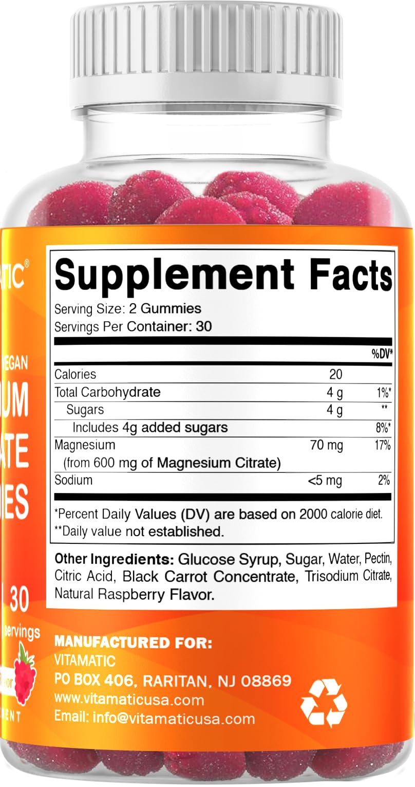 Vitamatic Magnesium Gummies 600mg – 60 Vegan Count for Relaxation, Muscle, Bone & Energy