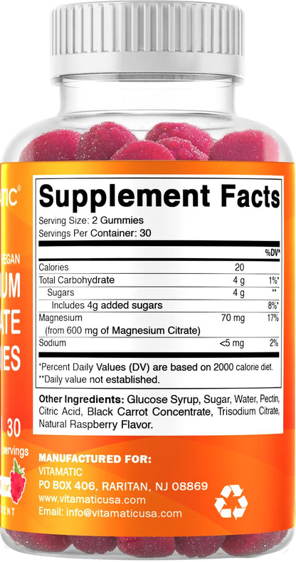 Vitamatic Magnesium Gummies 600mg – 60 Vegan Count for Relaxation, Muscle, Bone & Energy