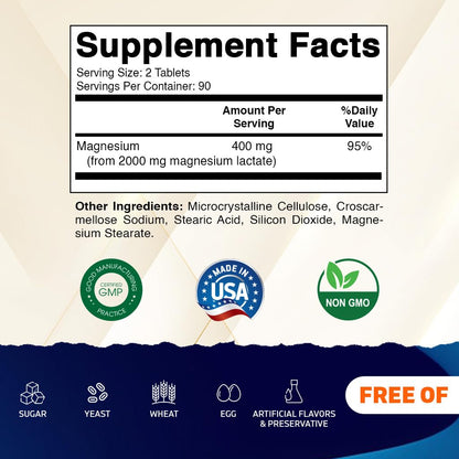 Vitamatic Magnesium Lactate 2000mg – 180 Tablets – Supports Muscle, Heart, Bone & Nervous System Health* – Non-GMO, Gluten Free, No Artificial Additives