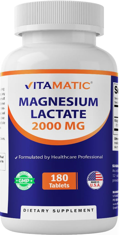 Vitamatic Magnesium Lactate 2000mg – 180 Tablets – Supports Muscle, Heart, Bone & Nervous System Health* – Non-GMO, Gluten Free, No Artificial Additives