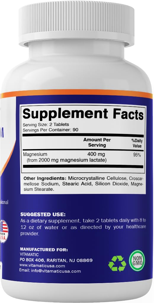 Vitamatic Magnesium Lactate 2000mg – 180 Tablets – Supports Muscle, Heart, Bone & Nervous System Health* – Non-GMO, Gluten Free, No Artificial Additives