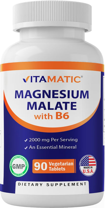 Vitamatic Magnesium Malate 2000mg | 90 Veg Tablets | B6 for Maximum Absorption