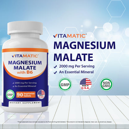 Vitamatic Magnesium Malate 2000mg | 90 Veg Tablets | B6 for Maximum Absorption