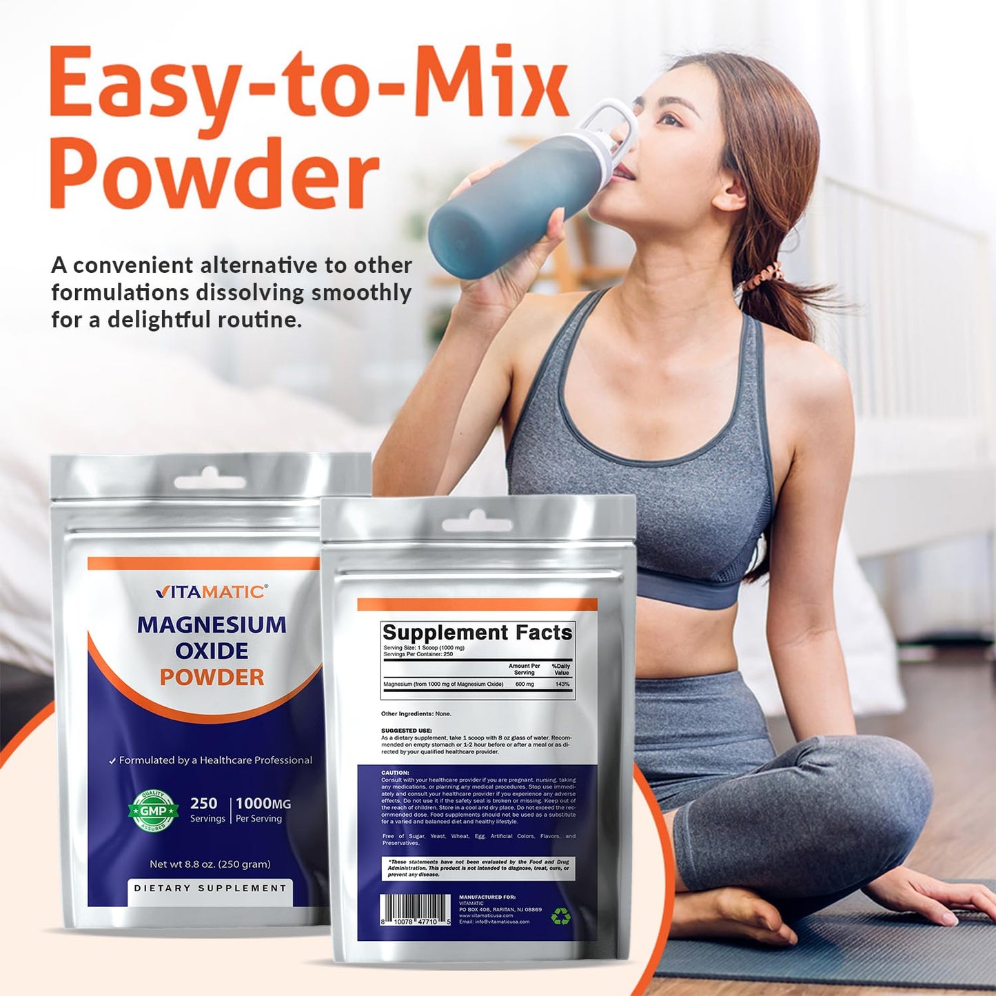 Vitamatic Magnesium Oxide Powder – 1000 mg per Serving | 600 mg Elemental Magnesium | Unflavored