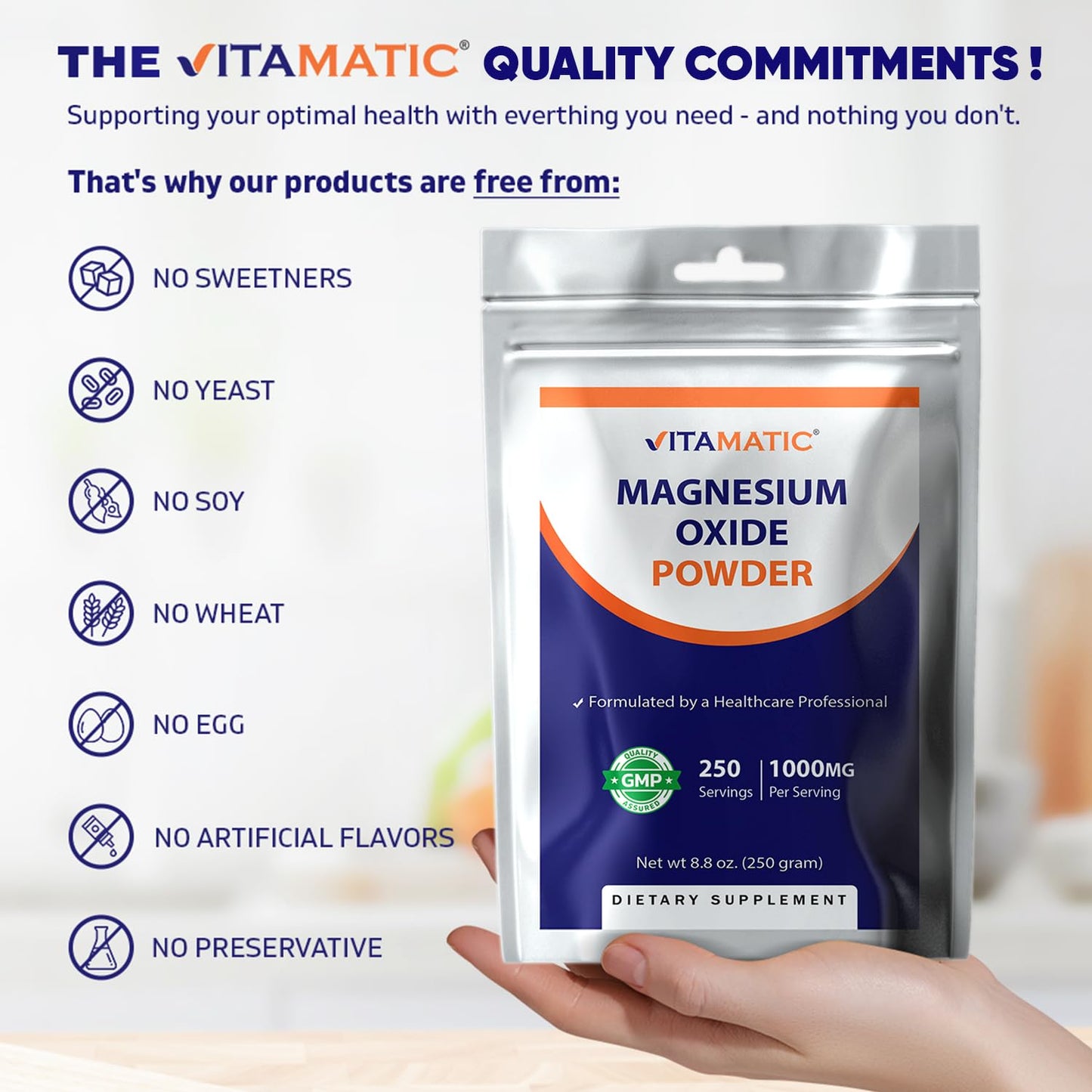 Vitamatic Magnesium Oxide Powder – 1000 mg per Serving | 600 mg Elemental Magnesium | Unflavored