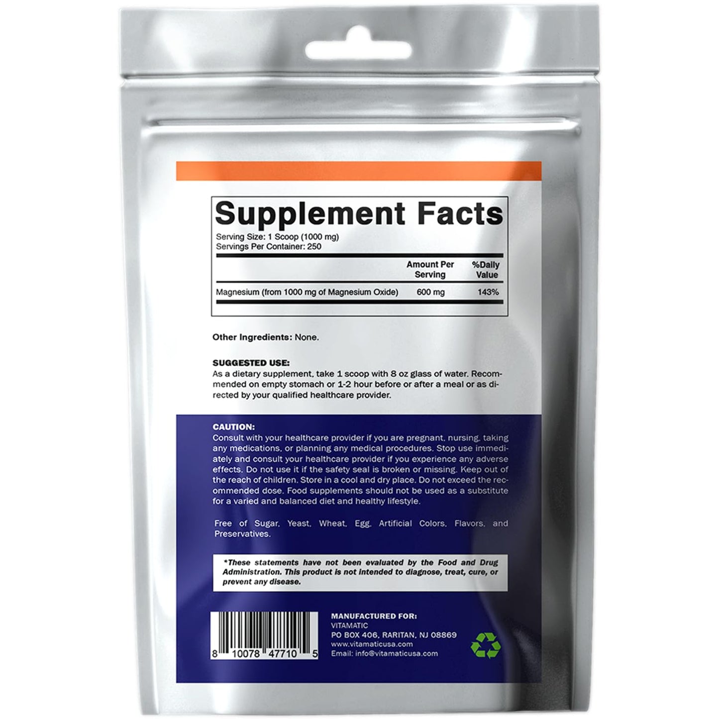 Vitamatic Magnesium Oxide Powder – 1000 mg per Serving | 600 mg Elemental Magnesium | Unflavored